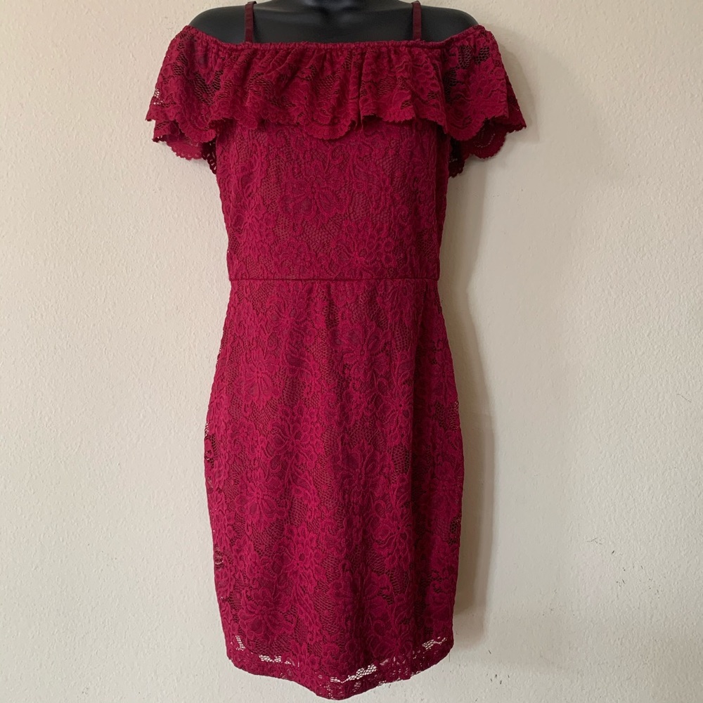 A. Buyer Red Maroon Lace Off Shoulder Fitted Dress